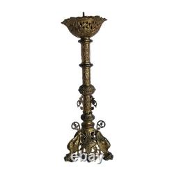 07m5 Ancien Magnifique Pique Cierge En Bronze Dore Hauteur 64 CM Pieds Dragons