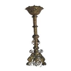 07m5 Ancien Magnifique Pique Cierge En Bronze Dore Hauteur 64 CM Pieds Dragons