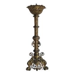 07m5 Ancien Magnifique Pique Cierge En Bronze Dore Hauteur 64 CM Pieds Dragons