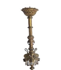 07m5 Ancien Magnifique Pique Cierge En Bronze Dore Hauteur 64 CM Pieds Dragons