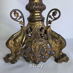 07m5 Ancien Magnifique Pique Cierge En Bronze Dore Hauteur 64 CM Pieds Dragons