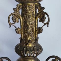07m5 Ancien Magnifique Pique Cierge En Bronze Dore Hauteur 64 CM Pieds Dragons