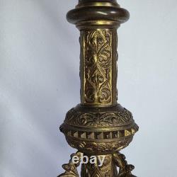 07m5 Ancien Magnifique Pique Cierge En Bronze Dore Hauteur 64 CM Pieds Dragons
