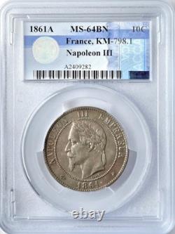10 Centimes 1861 A Nap. III Tête Laurée PCGS MS-64BN FDC RARE