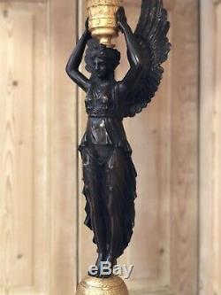 110cm Grande Lampe Bouillotte Empire Cariatide Napoléon III Femme Bronze Doré
