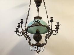 150x80cm Grande Suspension Opaline Lustre Lampe Bronze Napoléon III Rocaille