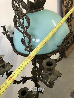 150x80cm Grande Suspension Opaline Lustre Lampe Bronze Napoléon III Rocaille