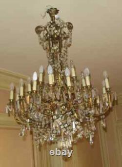 1900' Lustre Napoléon III 5 Bras 25 Lampes Bronze Doré et Cristal