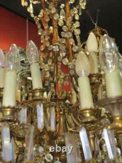1900' Lustre Napoléon III 5 Bras 25 Lampes Bronze Doré et Cristal