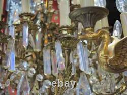 1900' Lustre Napoléon III 5 Bras 25 Lampes Bronze Doré et Cristal