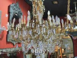 1900' Lustre Napoléon III 5 Bras 25 Lampes Bronze Doré et Cristal