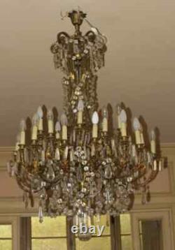 1900' Lustre Napoléon III 5 Bras 25 Lampes Bronze Doré et Cristal