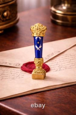 19th Century French Wax Seal Gilt Bronze & Cobalt Blue Enamel Fleur de Lys