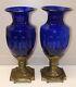 2 Anciens Grands Vases Verre Bleu Cobalt & Monture Regule Doré Xix Collection D