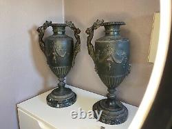 2 Anciens Vases en Bronze Sur Socle en Marbre Hauteur 40 cm