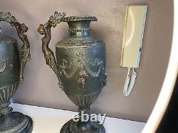 2 Anciens Vases en Bronze Sur Socle en Marbre Hauteur 40 cm