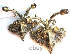 2 appliques Napoléon III bronze doré, 2 feux, TETE DE BOUC, guirlandes de fleurs