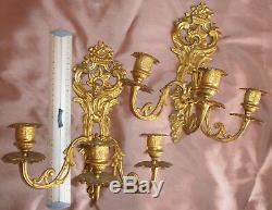 2 appliques / bougeoirs bronze doré Napoléon III feuillage & panier fleuri