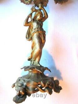 2 chandeliers candélabres, femme portant 4 bougeoirs, régule bronzé Napoléon III