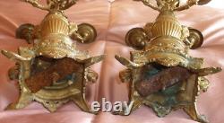2 flambeaux / chandeliers en bronze doré Napoléon III Mascaron tête de femme