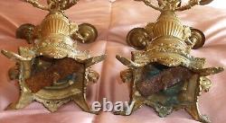 2 flambeaux / chandeliers en bronze doré Napoléon III Mascaron tête de femme