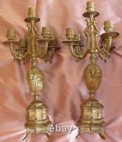 2 flambeaux / chandeliers en bronze doré Napoléon III Mascaron tête de femme