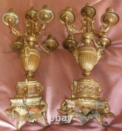 2 flambeaux / chandeliers en bronze doré Napoléon III Mascaron tête de femme