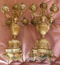2 flambeaux / chandeliers en bronze doré Napoléon III Mascaron tête de femme