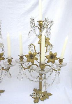 2 girandoles Napoléon III, bronze, pampilles cristal, fleurs de lys 4 bougeoirs