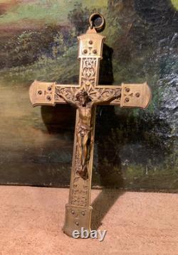24 cm Ancien petit crucifix, christ en laiton & bronze, croix Napoléon III