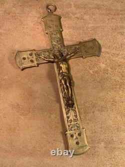 24 cm Ancien petit crucifix, christ en laiton & bronze, croix Napoléon III