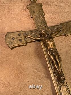 24 cm Ancien petit crucifix, christ en laiton & bronze, croix Napoléon III