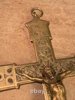 24 cm Ancien petit crucifix, christ en laiton & bronze, croix Napoléon III