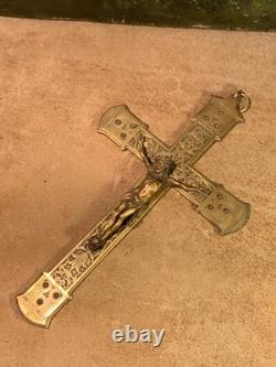 24 cm Ancien petit crucifix, christ en laiton & bronze, croix Napoléon III