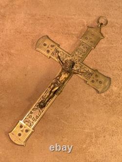 24 cm Ancien petit crucifix, christ en laiton & bronze, croix Napoléon III