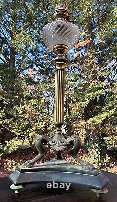 60cm Grande Lampe à Pétrole Marbre et Bronze XIXeme Napoléon III Empire Ancien