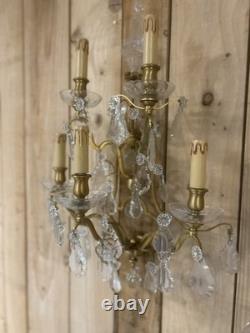 70cm Paire de Grande Applique Pampille Lustre Lampe Bronze Doré Napoléon III