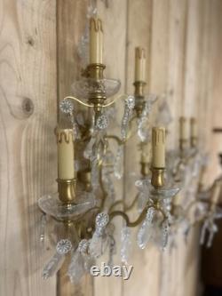 70cm Paire de Grande Applique Pampille Lustre Lampe Bronze Doré Napoléon III