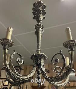 80cm Imposant Lustre Bronze Argenté XIXeme Louis XVI Napoleon III Empire Lampe