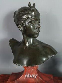 A. Falguière buste bronze Séléné & encrier, signé fondeur Thiébaut frères 19e s