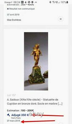 A. Sadoux Cupidon Angelot Bronze Dore Belle Qualite Carquois Arc Colombe 15.5cm
