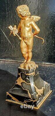A. Sadoux Cupidon Angelot Bronze Dore Belle Qualite Carquois Arc Colombe 15.5cm