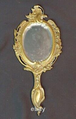 AA 1850 très joli miroir de toilette face à main bronze rocaille 29cm450g chic