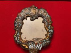 ANCIEN MIROIR FACE A MAIN BRONZE DORÉ ET ÉMAUX CLOISONNÉS NAPOLEON III XIXème