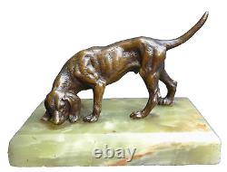ANCIEN PETIT BRONZE ANIMALIER chien de chasse terrasse en onyx Fin XIXe début XX