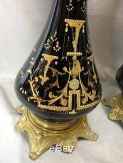 ANCIENNE PAIRE DE LAMPES NAPOLÉON III faïence noir emaillée bronze pied pétrole