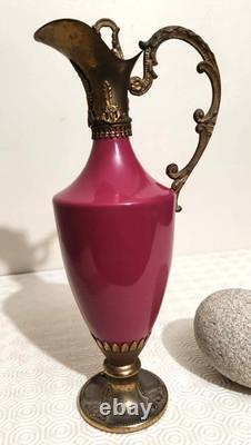 Aiguière ancienne Napoléon III Porcelaine rose & bronze 31 cm