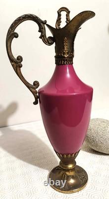 Aiguière ancienne Napoléon III Porcelaine rose & bronze 31 cm