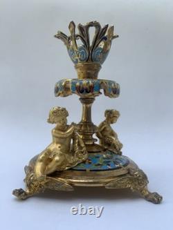 Alphonse Giroux Paris Bougeoir Vase Cornet Bronze Dore Email Cloisonne 1860