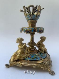 Alphonse Giroux Paris Bougeoir Vase Cornet Bronze Dore Email Cloisonne 1860
